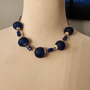 Vintage Dark Blue Glass Chunky Imperfect Beads Necklace